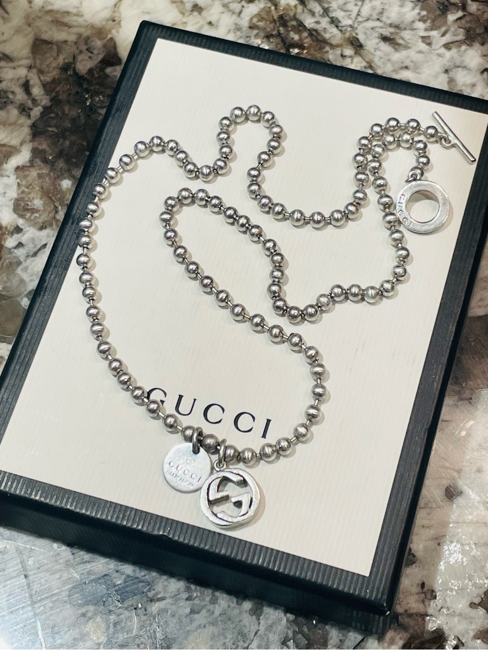 Gucci Silver Ball-Chain Necklace with Double G Pendant